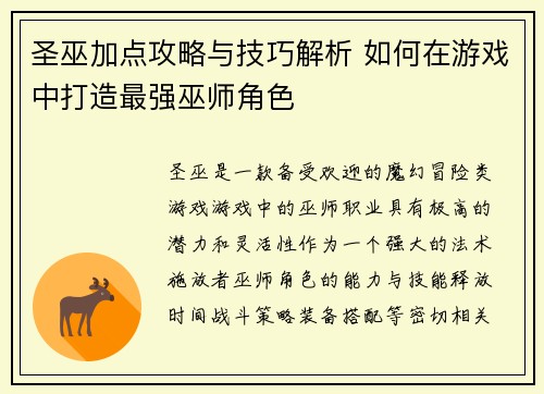 圣巫加点攻略与技巧解析 如何在游戏中打造最强巫师角色