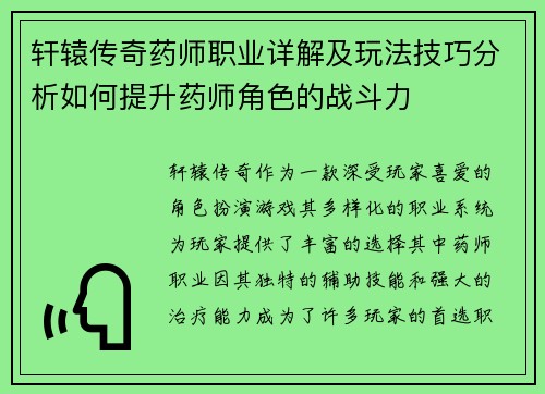 轩辕传奇药师职业详解及玩法技巧分析如何提升药师角色的战斗力
